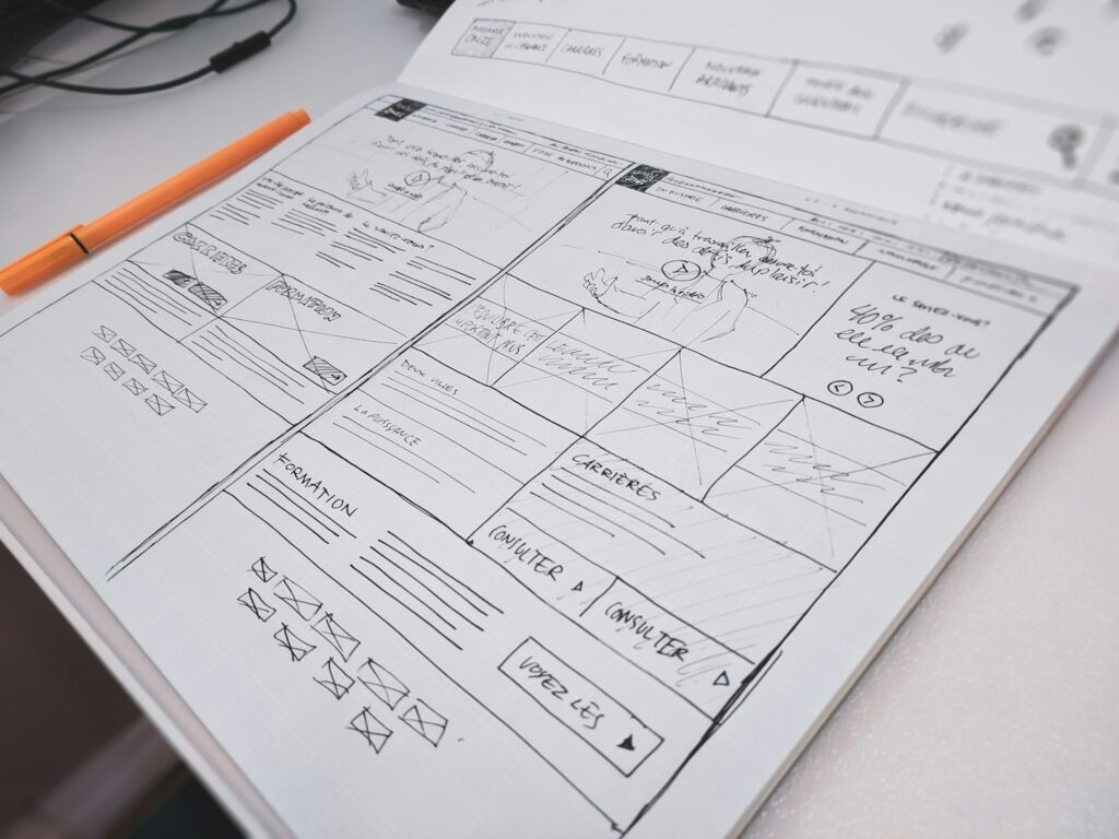 Handgezeichnetes Wireframe einer Website als Entwurf für den eigenen Online Shop