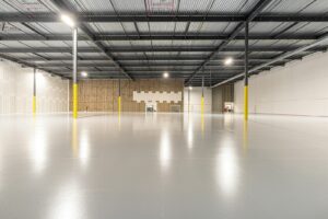 Geräumige leere Halle mit Betonboden als möglicher Standort für die erste eigene Produktion