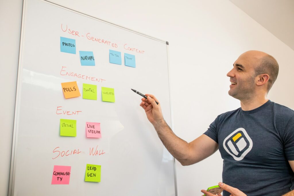 Gründer plant am Whiteboard mit Haftnotizen den nächsten Sprint, agile Zertifizierung in der Praxis