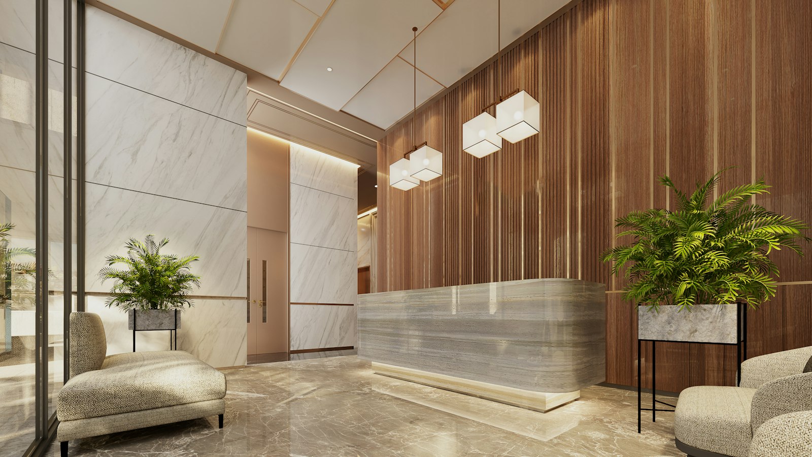 Moderne Hotellobby mit Rezeption aus Marmor als Sinnbild für die digitalisierte Hotellerie
